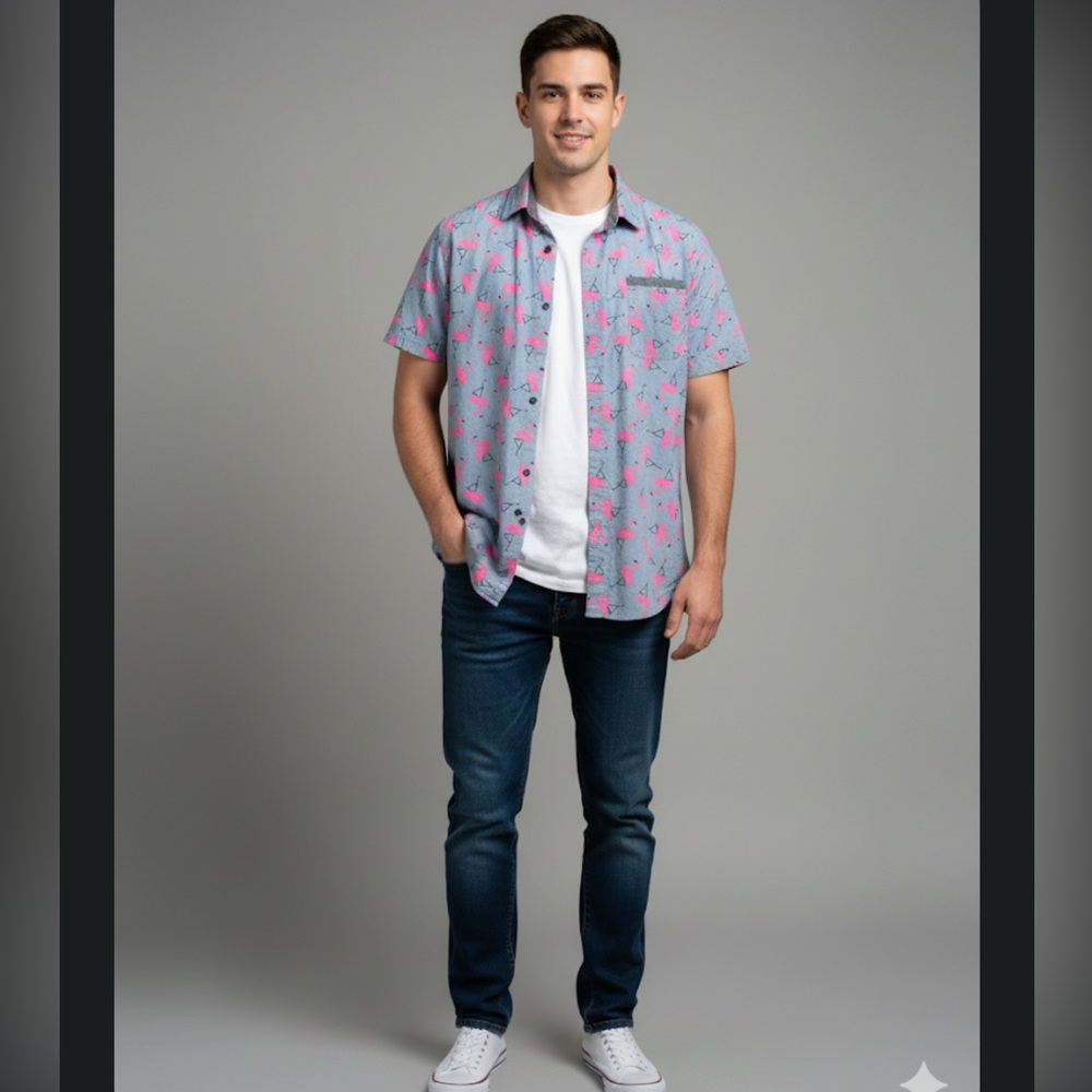 UNIONBAY Gray and Pink Flamingo Cotton Shirt